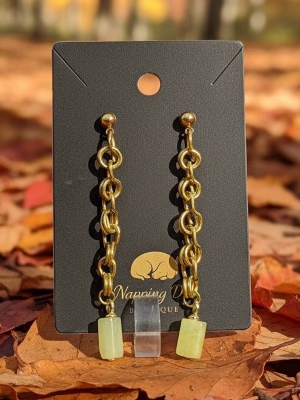 Hand-Wired Gold-Tone Chain Dangle Earrings with Pale Green Stone Drops